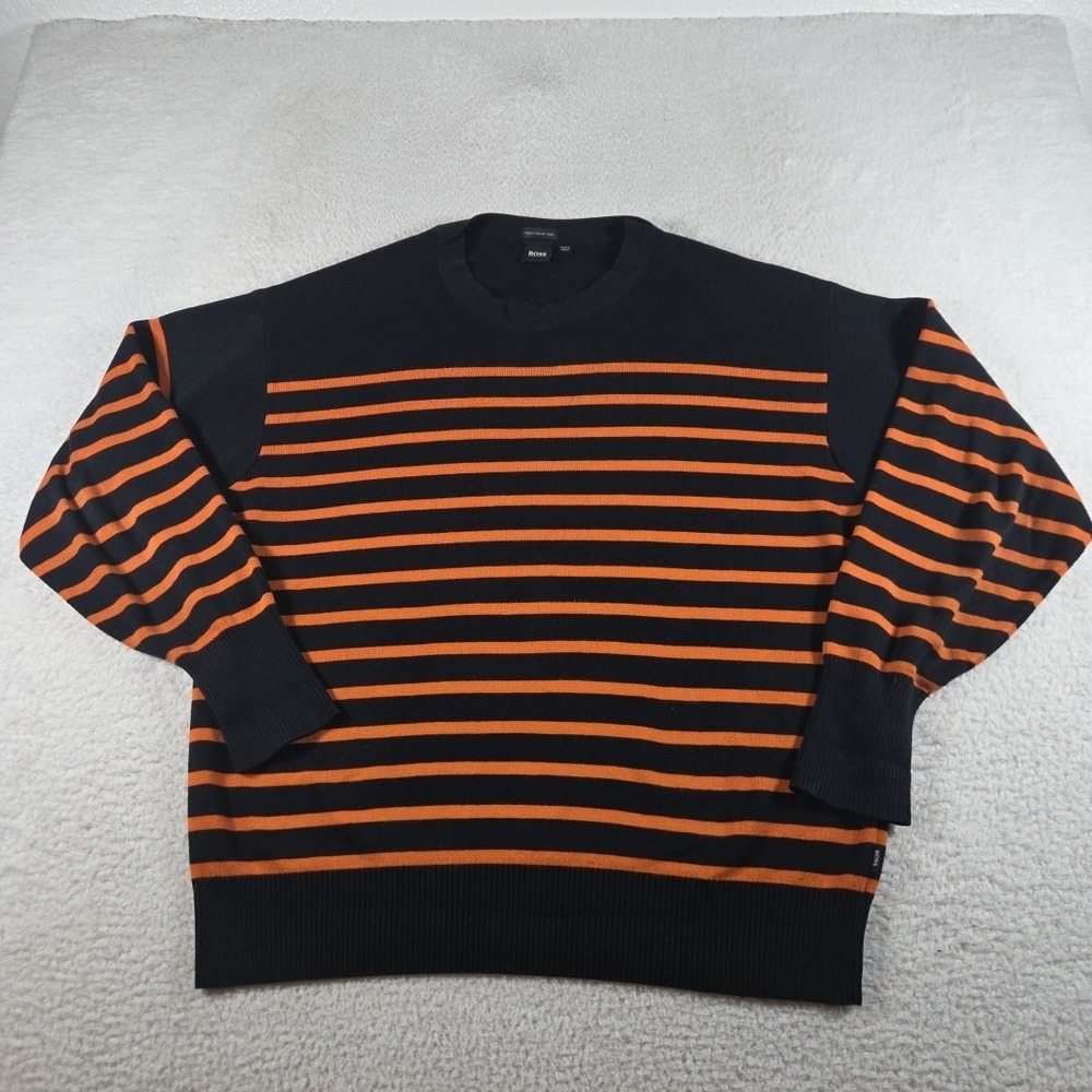 Hugo Boss Sweater Mens XL Blue‎ Striped Pullover Long Sleeve Italian Yarn